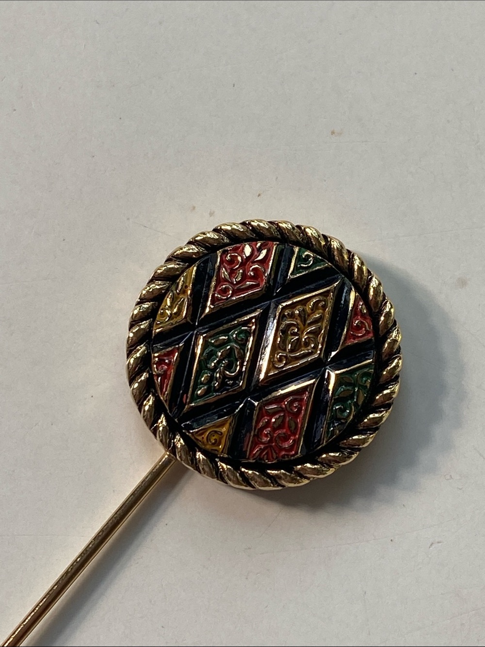 Sarah Coventry Vintage 70s Mosaic Stick Pin.  Gold tone, black, green,red